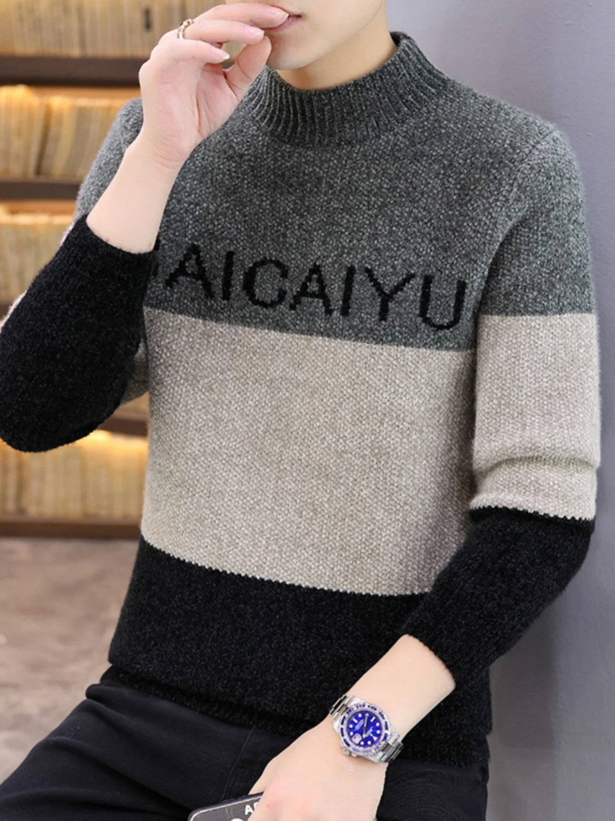 

Gold Mink Knitted Sweater Men's f High Collar Winter Color Blo Thi Warm mid Ne Line irt Casual Slim Fit Long Sve