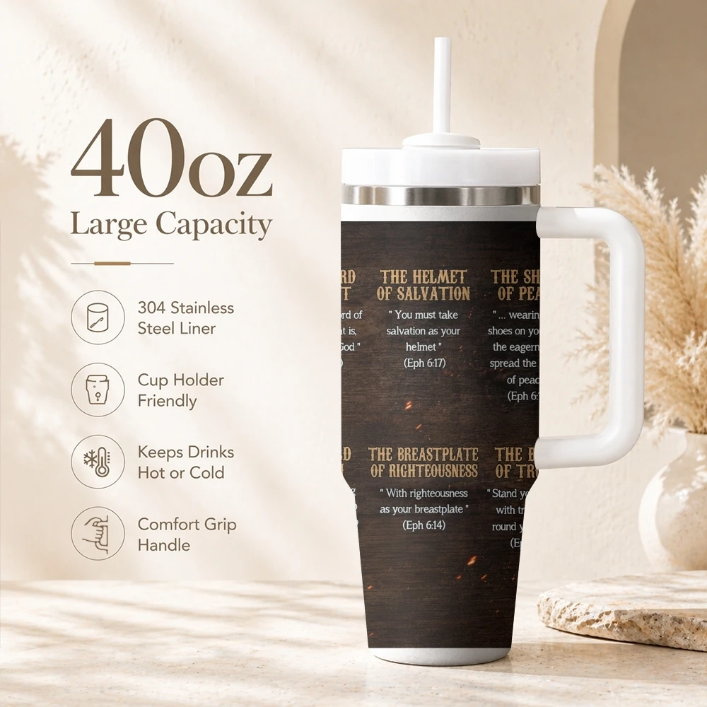 Christian Knight Divine Protection Vacuum Flasks 40oz Portable Stainless Steel Tumbler with Handle Straw Double Wall Mug