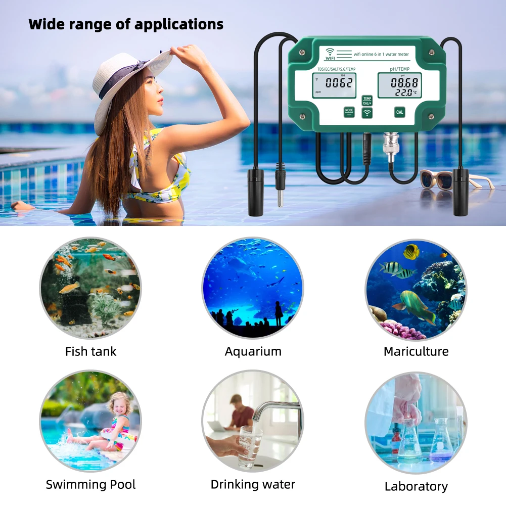Imagem -06 - Wireless Wifi Online Water Quality Tester Smart Aquarium Monitor ph Tds ce Salinidade S.g. Temp Meter Piscina Yy-w9909