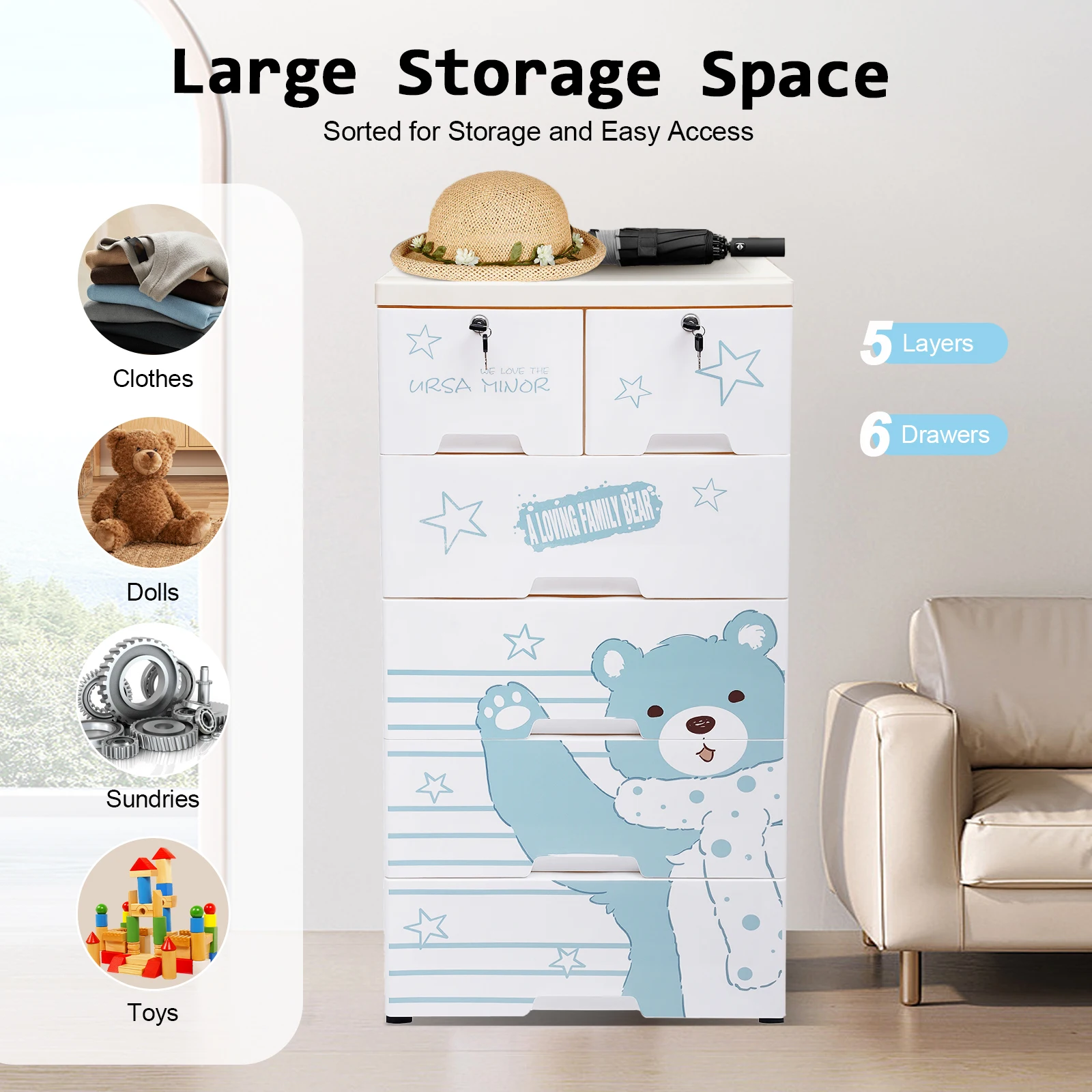 

6 Drawer Plastic Clothes Organizer 5 Layers Tower Cabinet W/Wheel for Clothes, Dolls, Toys 19.7'' W X 13.8'' D X 40'' H