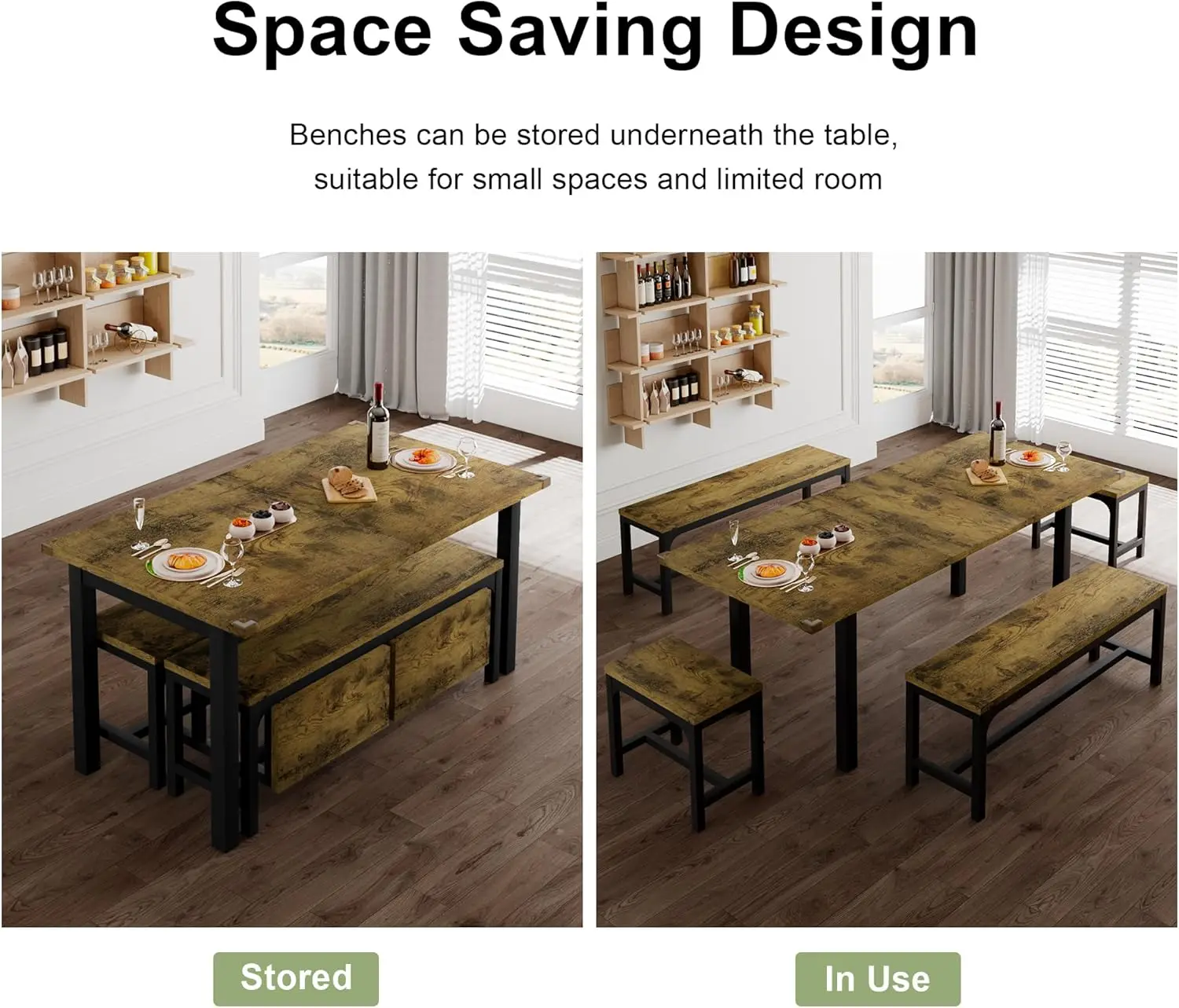 5-Piece Dining Table for 4-8 People, 63" Extendable Kitchen Table Set with 2 Benches & 2 Square Stools, Dining Room Table