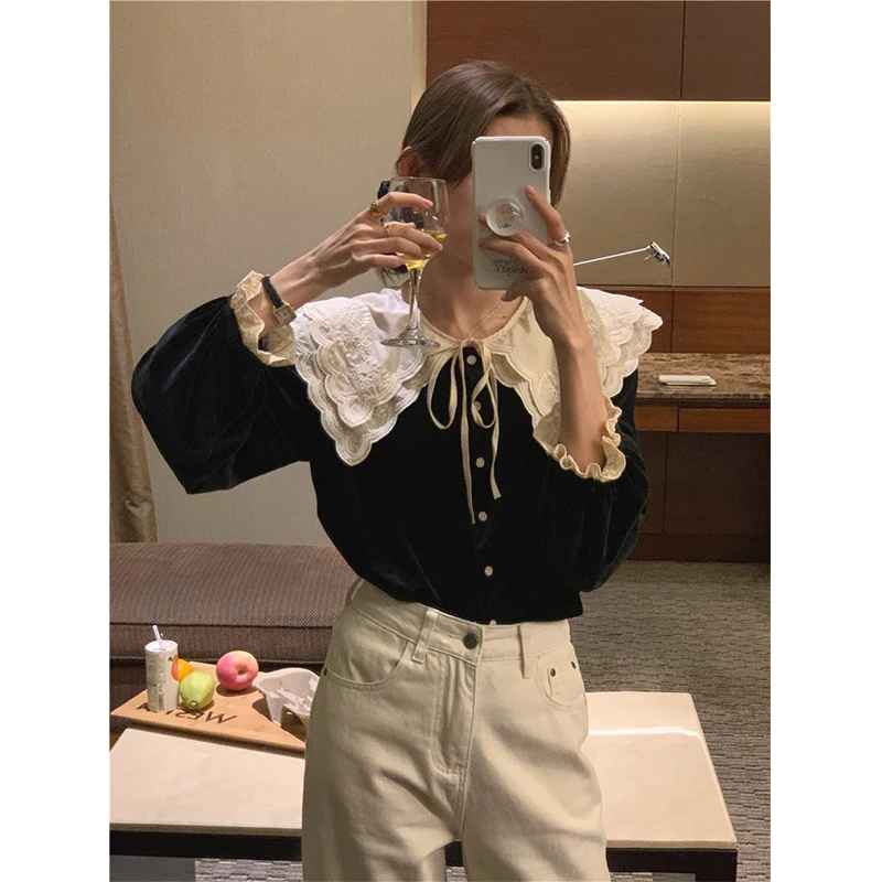 Vintage Black Velvet Shirts Women Elegant Lace Patchwork Blouses Office Ladies Korean Bandage Long Sleeve Loose Chic Tops New