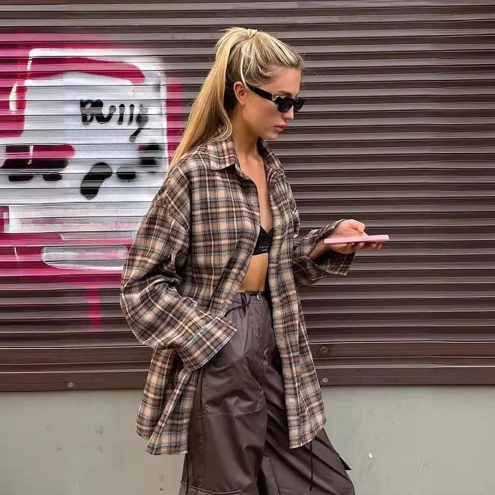 Femmes longues Sli Plaid irt fibre de Polyester Non coulant régulier mince saison de printemps Faion dames irt