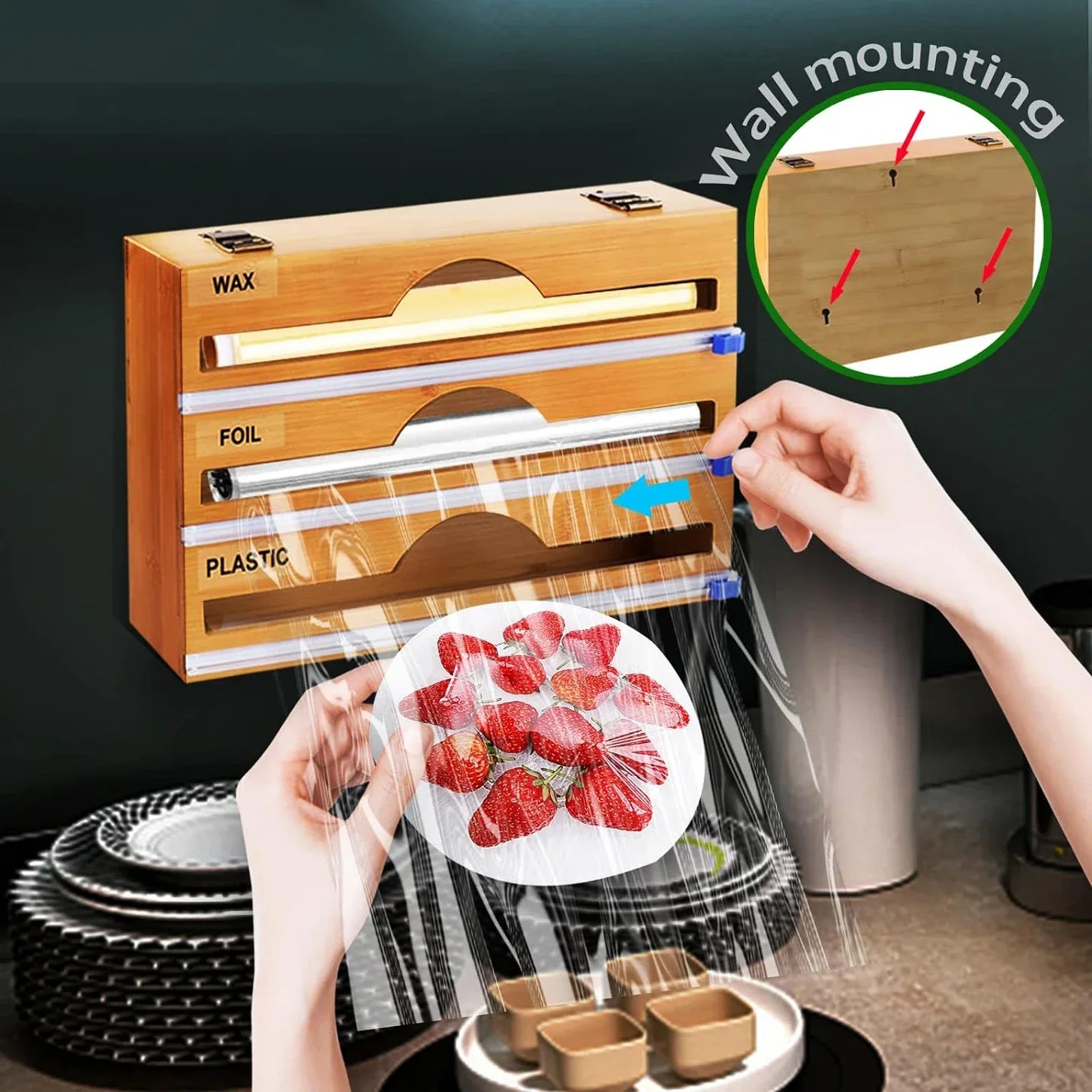 

Plastic Wrap Dispenser with Cutter Bamboo Food Cling Film Storage Holder Aluminum Foil Dispenser Kitchen Storage Organizer