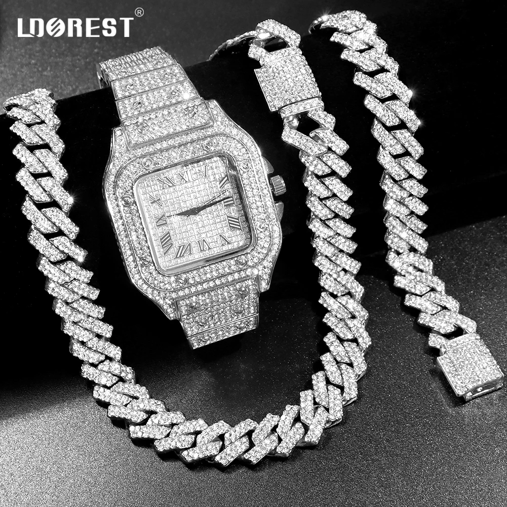 Necklace+Watch+Bracelet Hip Hop 14MM Cuban Link Chain Necklace For Women Men Rhinestone Paved Cuban Chain Set Rapper Jewelry