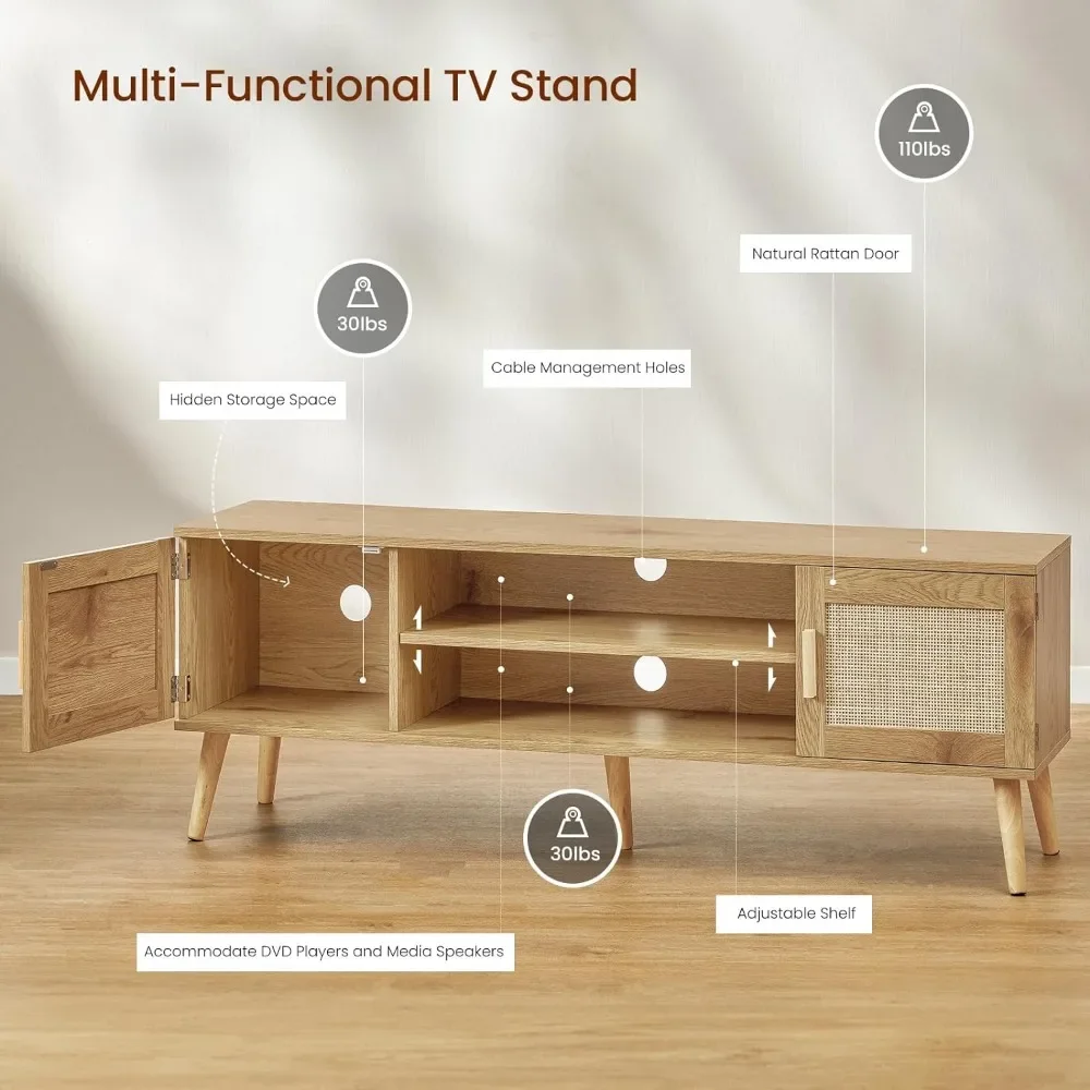 Iwell Boho Rattan Mid Century Modern TV Stand for 55 65 70 Inch TV, Large TV Console, Entertainment Center with Adjustable Shelf image 4