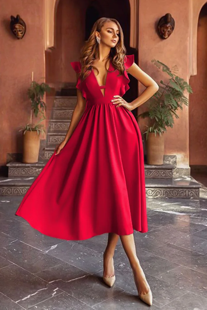 

Summer temperament dress Sleeveless V-neck women's dress swing red midskirt