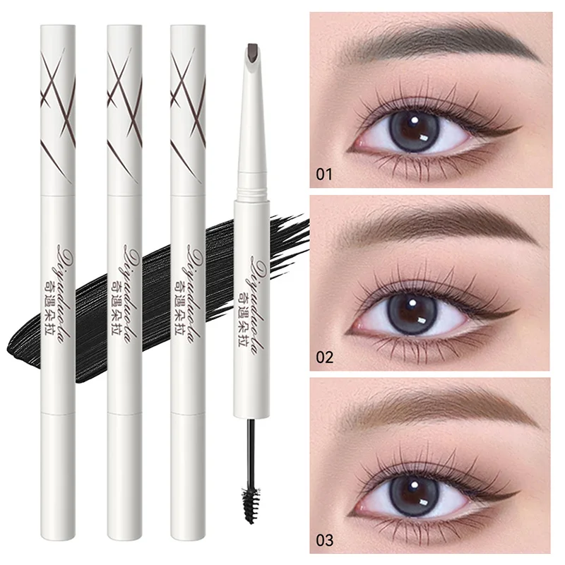 2PCS Double Ended Eyebrow Pencil with Spoolie Brush Waterproof Long Lasting Smudge Proof Brow Definer Angled Tip Natural Hair Like Strokes Shape Fill Blend Soft Natural Brows Precision Eye Brow Makeup Gray Black Dark Brown Light Brown for Women