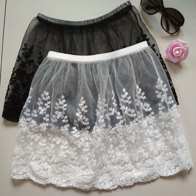 

Embroidery Kawaii Mini Skirt Women Streetwear Harajuku Y2k Clothes Mesh Covered Skirt Layering Bottoms White See-through Gothic