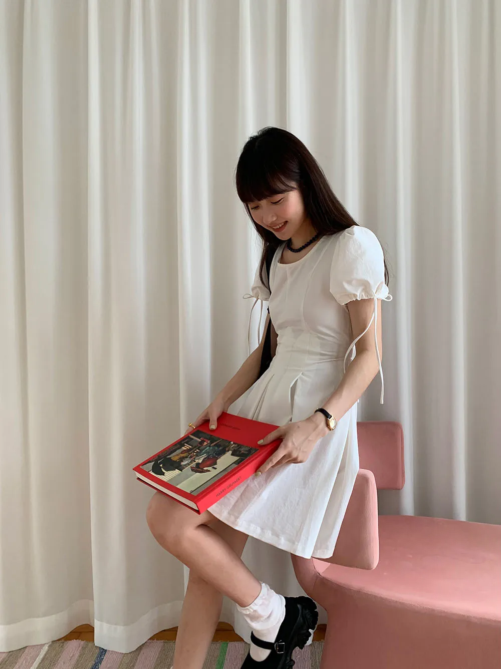 Vestido de manga bufante com cintura elástica e cadarço estilo coreano, vestido elegante feminino