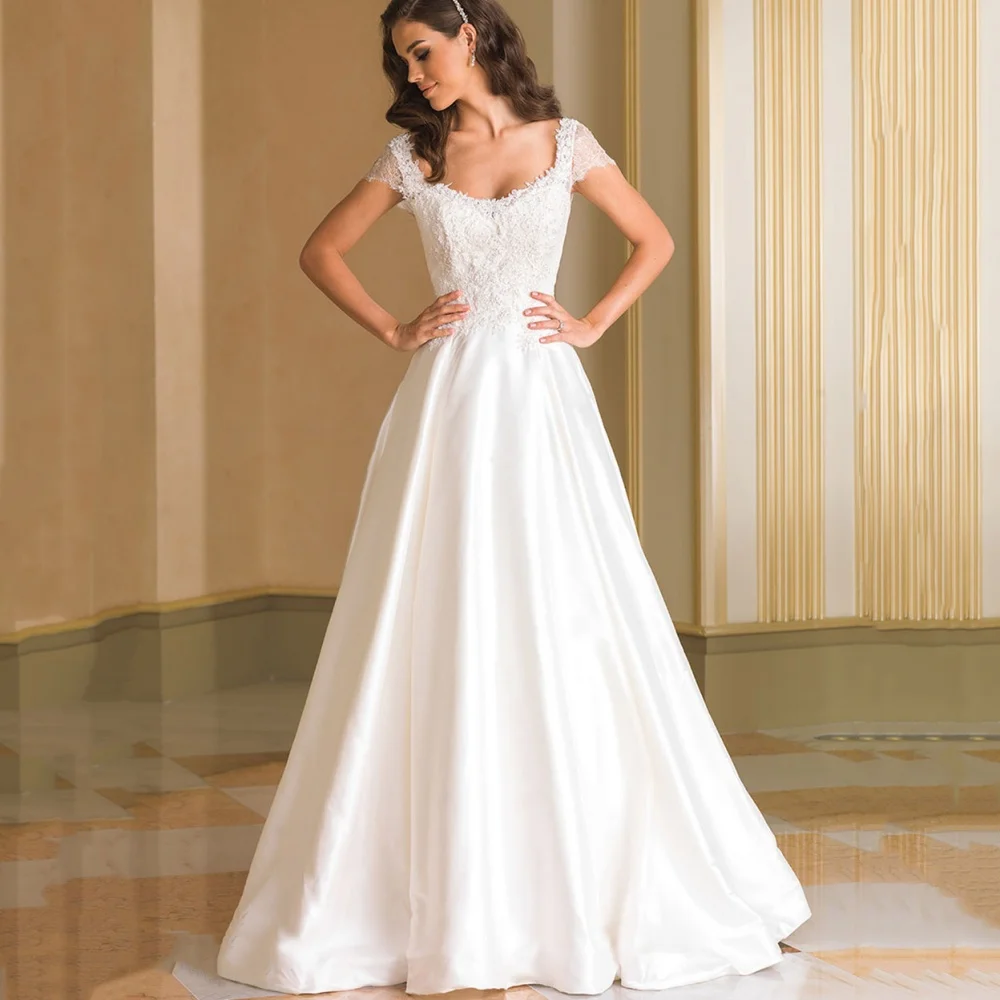 

Lace Elegant Customized Wedding Dresses A Line Bride Dress Short Sleeve Scoop Collar Bridal Gown Backless Vestido De Novia