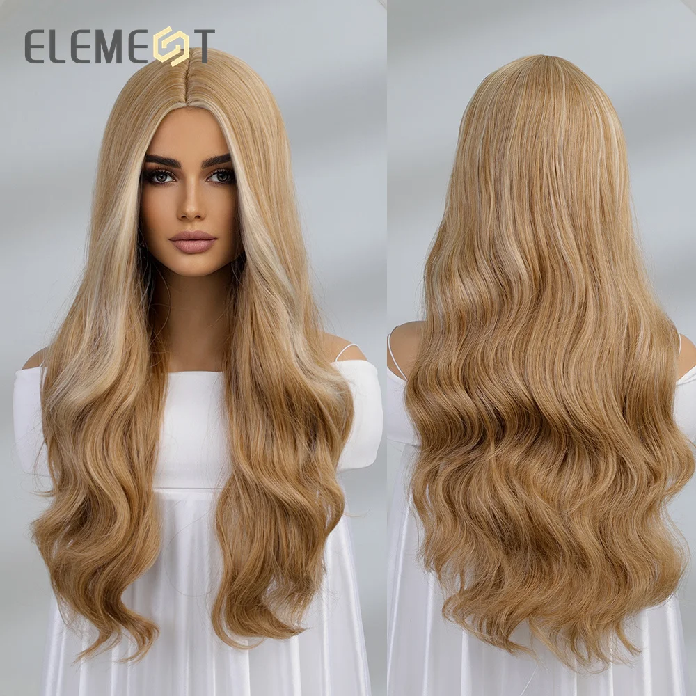 

ELEMENT Synthetic Long Wavy Blonde Mixed Grey Middle Part Hair Wigs for Women Ladies Heat Resistant Party Daily Wig Peluca Hair