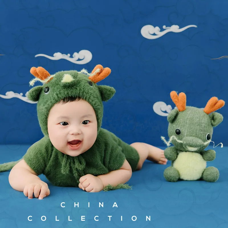 ❤️Baby Photography Clothing Knit Dragon Hat+Jumpsuit+Doll 3Pcs/Set Infant Photo Props Accessories Studio Shoot Clothes Outfits