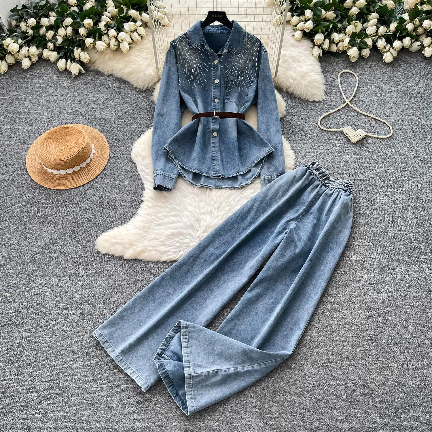 SuperAen Commute Denim Women Autumn New High-waisted Slim Loose-Fitting Wide Leg Pants Elegant Fashion Sequined Tops Sets