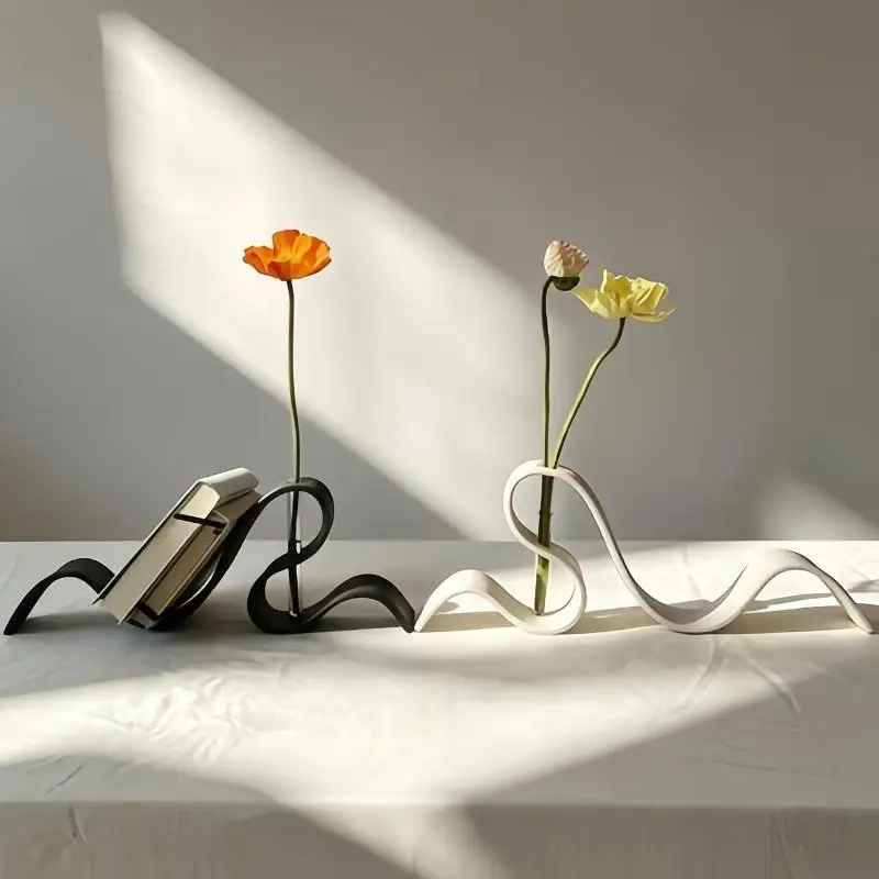 Modern 3D Printed Abstract Curved Vase And Bookend Set Sleek Aesthetic For Home Office Living Room Desktop Decoration