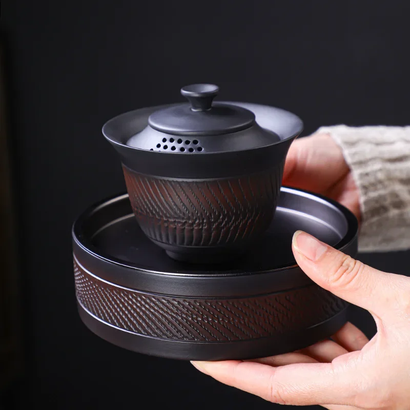 

Purple Ceramic Tool Sancai Cover Bowl Carving Anti scalding Tea Set High end Filter Pot Set