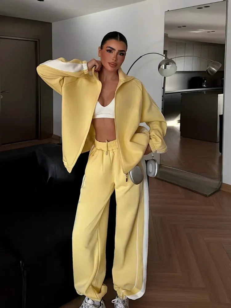 Side White Striped Women's Sportswear Suit Linear Zipper Top  Wide Leg Pants 2pcs 2026 Spring  Autumn Street Daily Oversuit