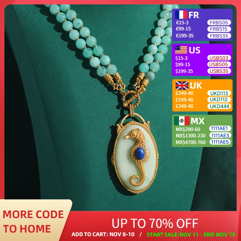

Vintage Sea Horse Pendant Beads Necklace Natural Stone Layered Antique Gold Color Luxury Quality Jewelry Woman Accessory 2025