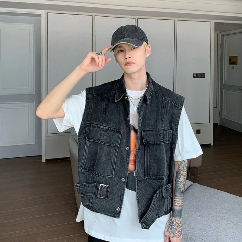 

Korean Streetwear Men's Denim Vest Pre Washed Vintage Cut Oversized Fit with Zipper Closure Casual Layering Piece​