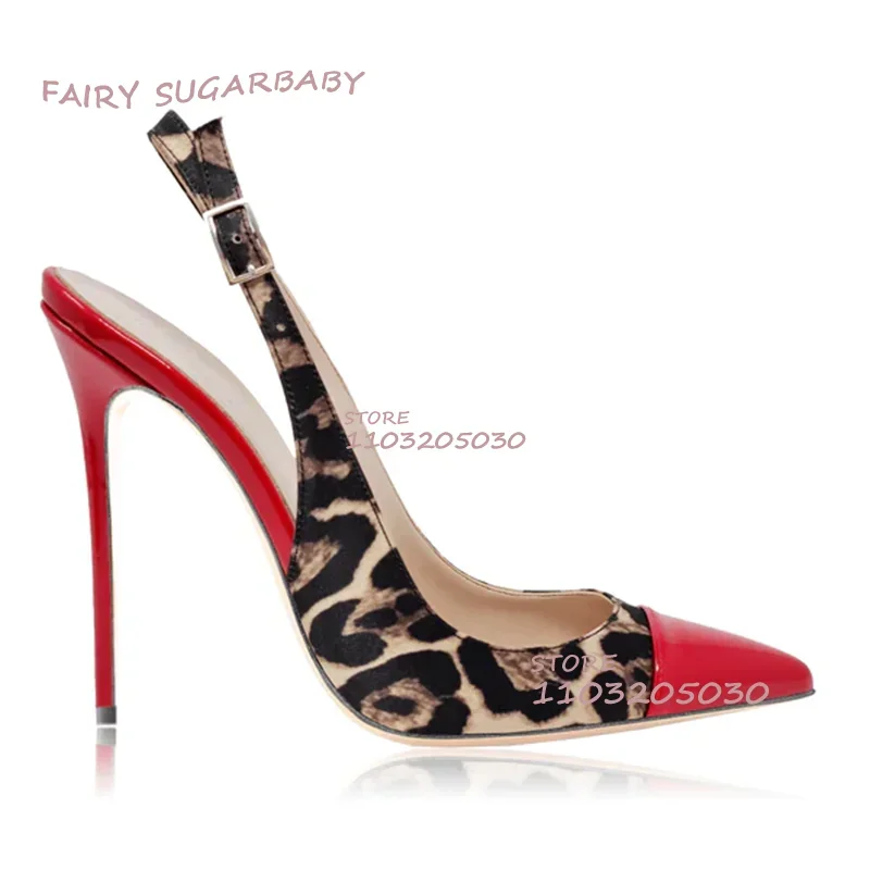 Blue White Mixed Colors Pointed Stiletto Heels Purple Leopard Cover Ladies Elastic Strap Sandals Office Lady Casual Leather Shoe