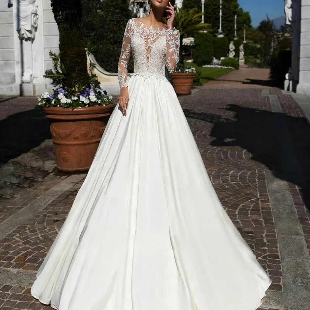 

Атласные свадебные платья трапециевидной формы с круглым вырезом и длинными рукавами по индивидуальному заказу, кружевные аппликации длиной до пола, вечерние платья для выпускного вечера невесты