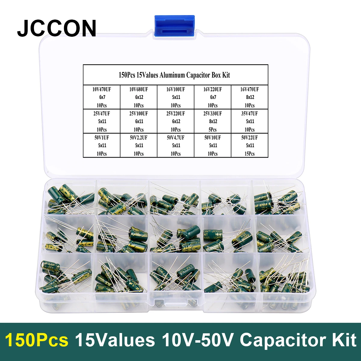 150Pcs/Box JCCON Aluminum Electrolytic Capacitor Kit 15Values 10-50V Capacitors Assorted Kit Repair DIY High Frequency Low ESR