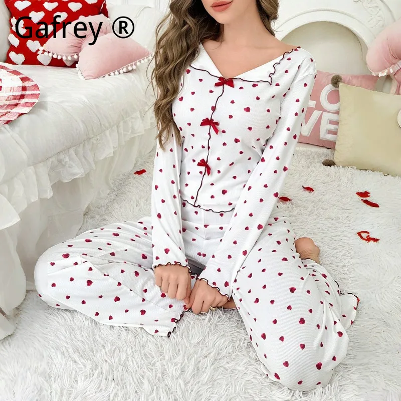 

Women Heart Print Collared Pajama Set Long Sleeve Long Pants Two Piece Lounge Wear Cute Wearable Outside Sleepwear Spring New