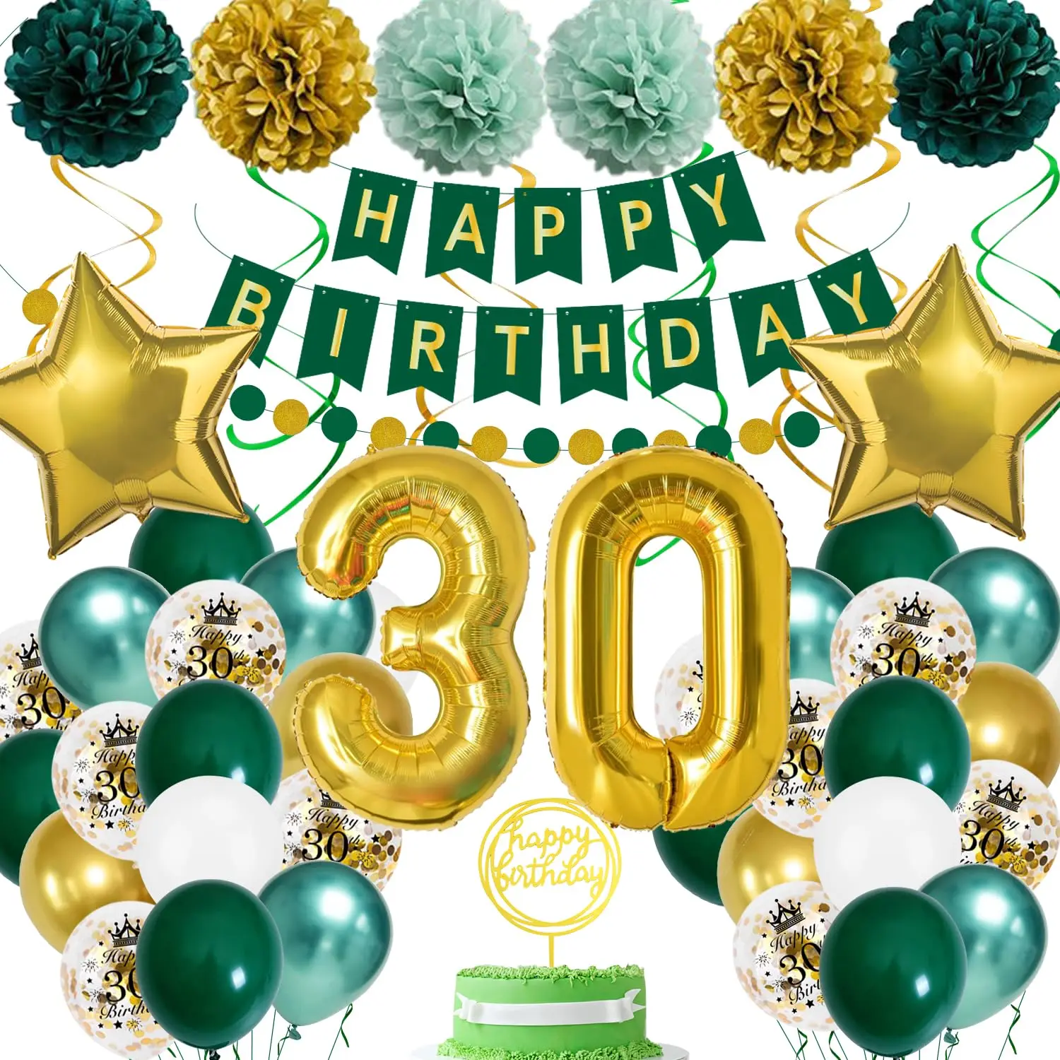 30th 50th 60th Birthday Balloon 30th Birthday Party Decorations for Men and Women Green Gold Balloon Star Balloon Paper Pom Poms