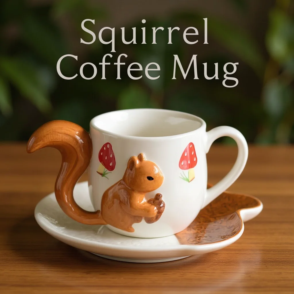 Creative 3D Squirrel Coffee Cup with Tail Handle & Acorn Saucer Set Cute Ceramic Animal Mug Novelty Gift