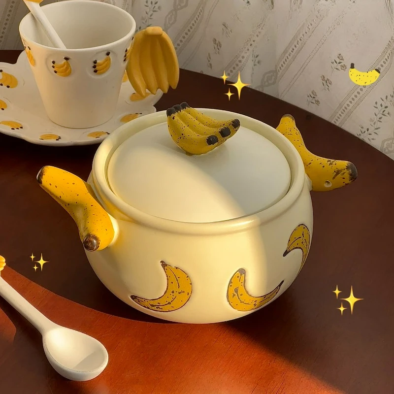 Ceramic Casserole Pot Double Handle Heat Resistant Gas Stove Safe for Soup Stew Congee Rice Cooker Handmade Stoneware Cartoon