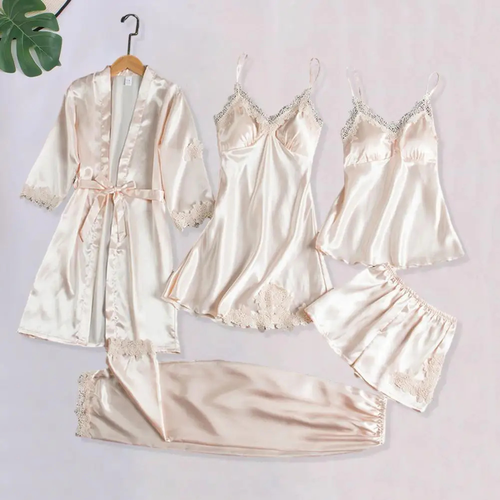 Silk Pajama Set Elegant Silky Satin Lace Patchwork Women\'s Pajamas Set with Loose Lace-up Waist Top Shorts Pants Set Nightgown