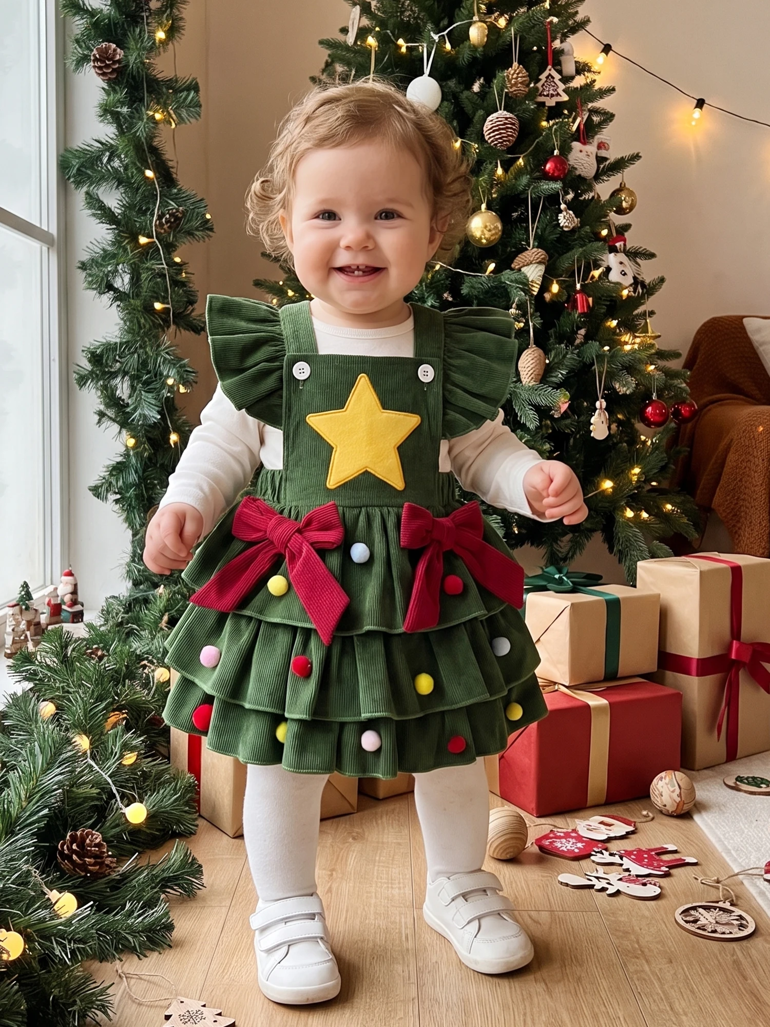 Bows Pom Balls Pom Balls Corduroy Overall-Dress Fly Sleeve With Bows Pom Girl Christmas Dress With New Bows Pom Balls Pom