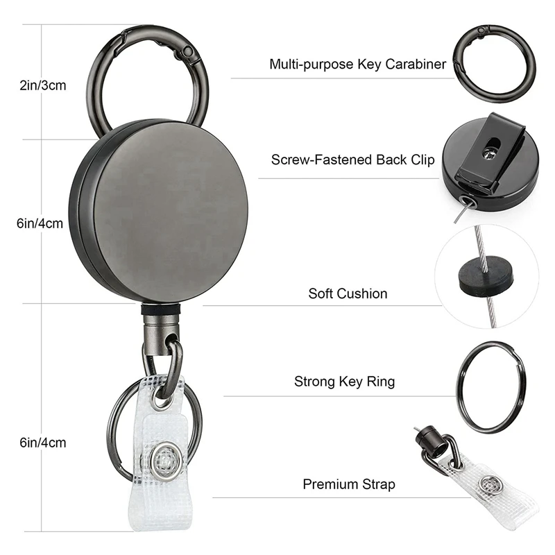 6 Pack Heavy Duty Retractable Badge Holder Reels, Metal ID Badge Holder With Belt Clip Key Ring For Name Card Keychain