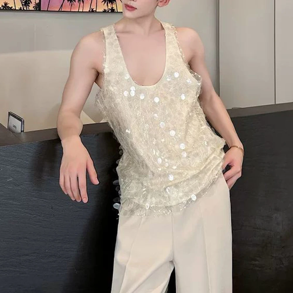 

Summer New Men's Solid Color Sequined Sleeveless Vest Retro Fashion Trend Street Loose Casual Niche Party Nightclub Men's Tops