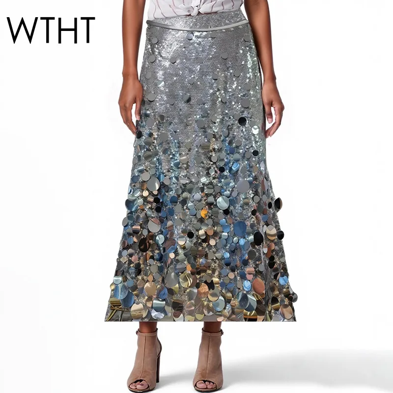 WTHT Trendy Women's Heavy Industry Sequins Design Evening Party Skirts 2026 Spring Fashion High Waist Long Skirt Female 1LS2852