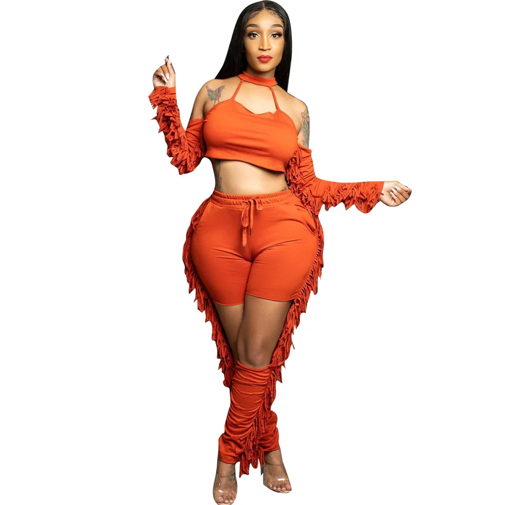 Customized LOGO women's clothing spring and summer fashionable and sexy hollow 2-piece set neck fringed set