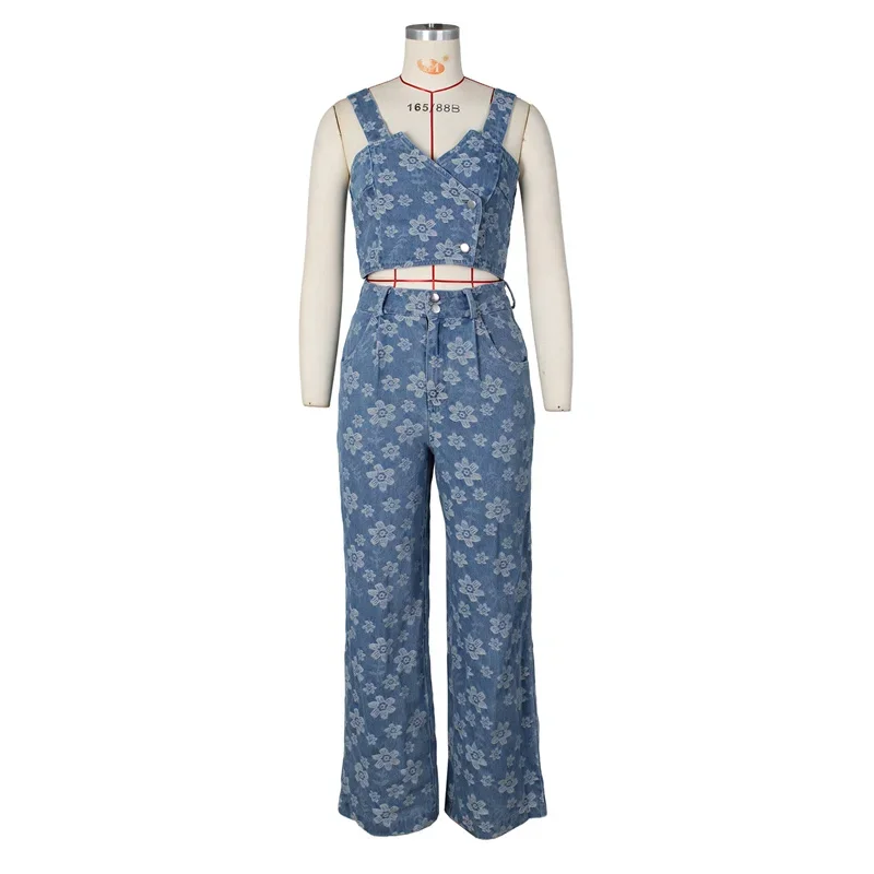 Floral Print Denim Pant Sets Womens 2 Piece Outfit Clubwear Birthday Crop Top and Wide Leg Pants Rave Festival Matching Sets