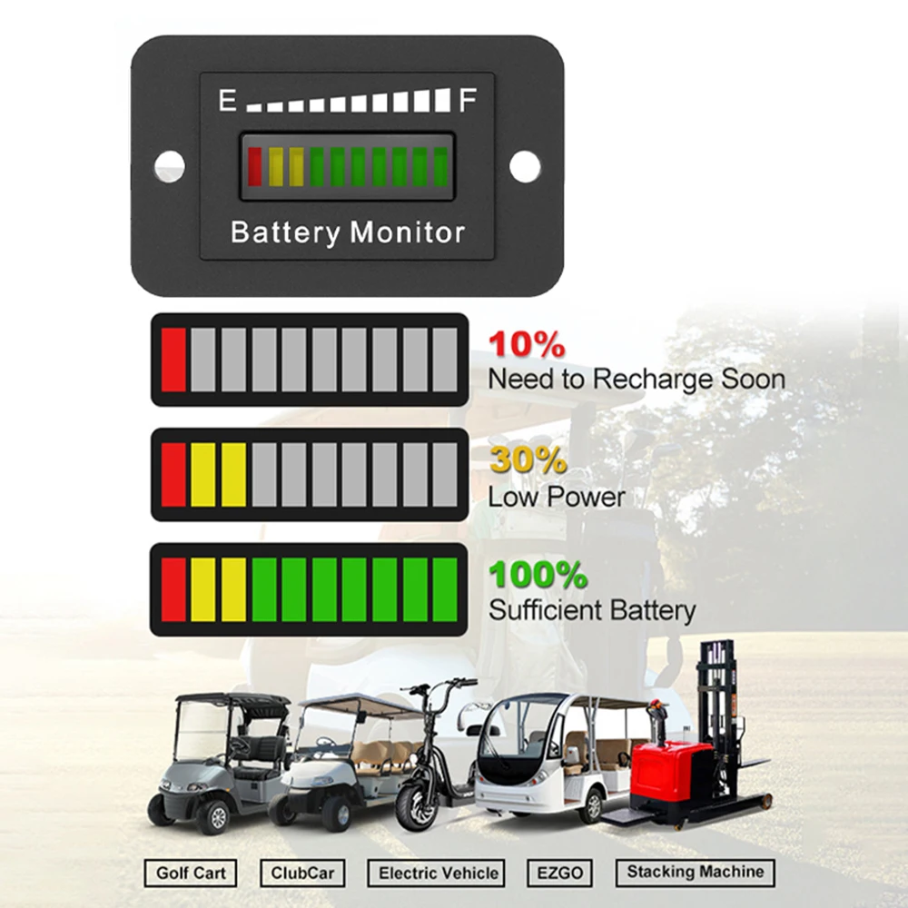 LED Battery Indicator 12V 24V 36V 48V 60V 72V Battery Power Monitor Waterproof Lithium Acid Monitor Gauge for Golf Cart RV Boat