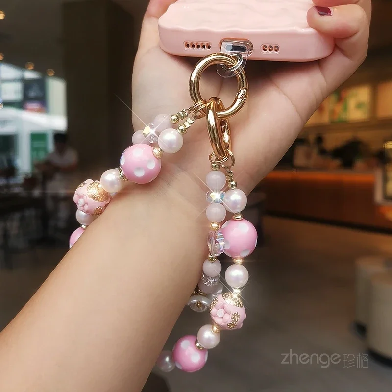 Mobile Phone Lanyard Pink Diamond Ball Wave Dot Ball Double Chain Clip Style Phone Case Universal Women's Wrist Universal Strap