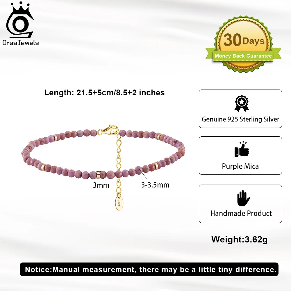 ORSA JEWELS Bohemia 14k Gold Plated Purple Mica Beads Anklet for Women 925 Silver Natural Purple Stone Foot Chain Jewelry SA90