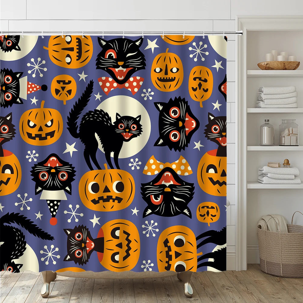 Horror Pumpkin Black Cat Bathroom Set with Shower Curtain Toilet Cover Rug Accessories Halloween Cartoon Bath Curtain Home Decor