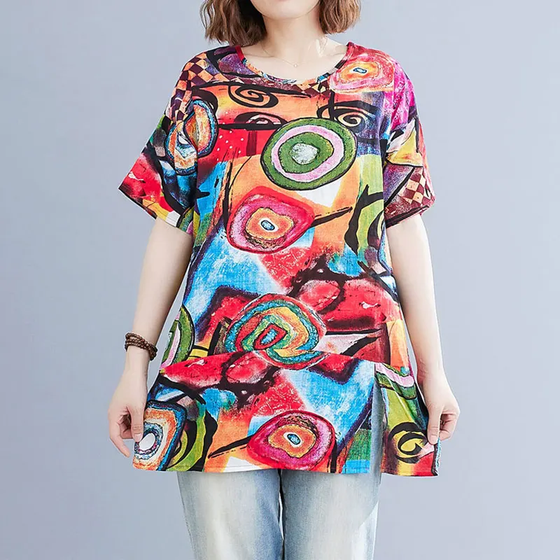 Vintage Hand-Painted Printed Midi Pullovers Casual Spliced Loose Women\'s Clothing Round Neck Summer Stylish Short Sleeve T-shirt