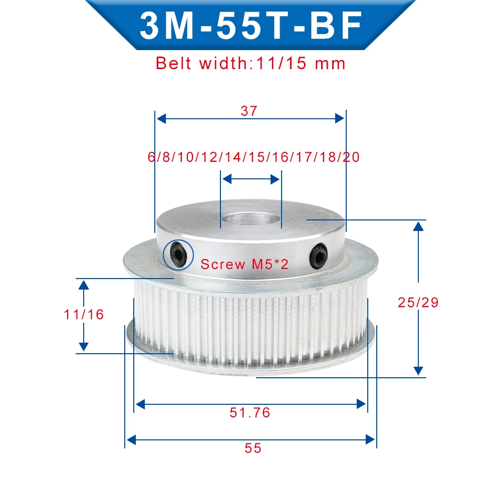 3M-55T Timing Pulley Circular Arc Tooth Bore 6/8/10/12/14/15/16/17/20 mm Alloy Pulley BF Shape For 3M Timing Belt Width 10 mm