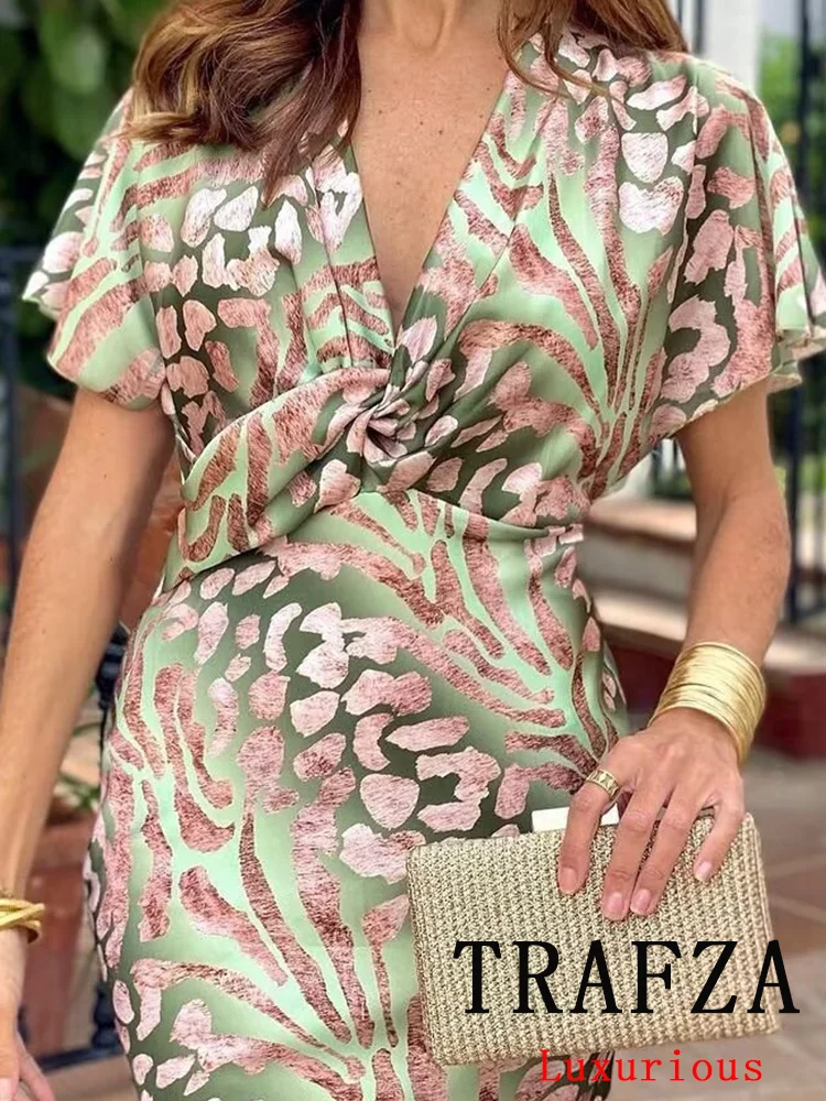 TRAFZA Vintage Chic Casual Women  Print Dress Satin V-Neck Short Sleeve Long Dress New Fashion 2024 Summer Boho Party Dress
