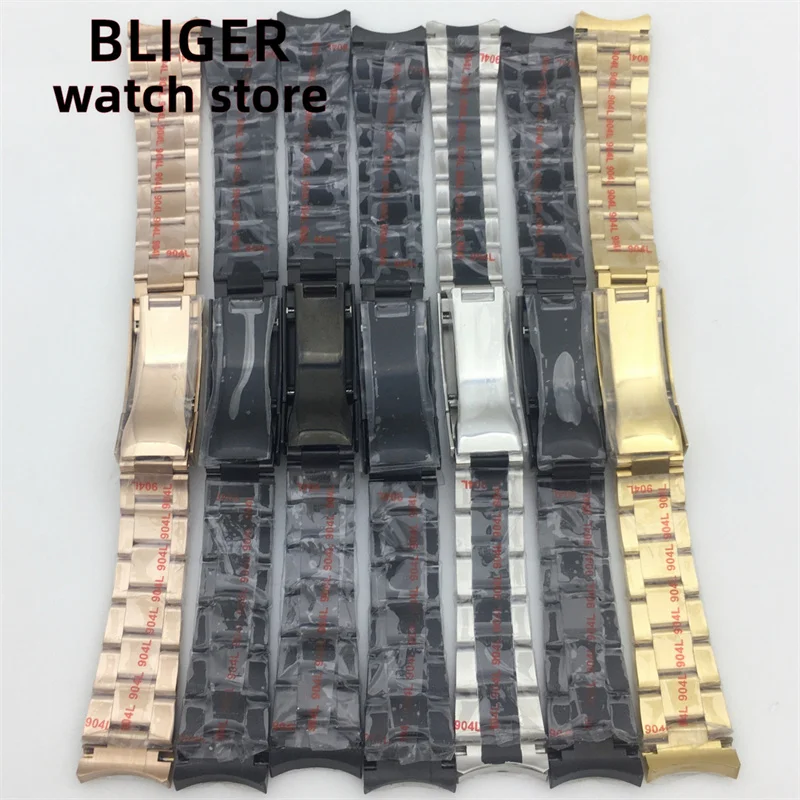 BLIGER 20mm Stainless Steel Strap PVD Black Strap Folding Slide Locking Latch Fits 36mm 39mm 40mm watch case