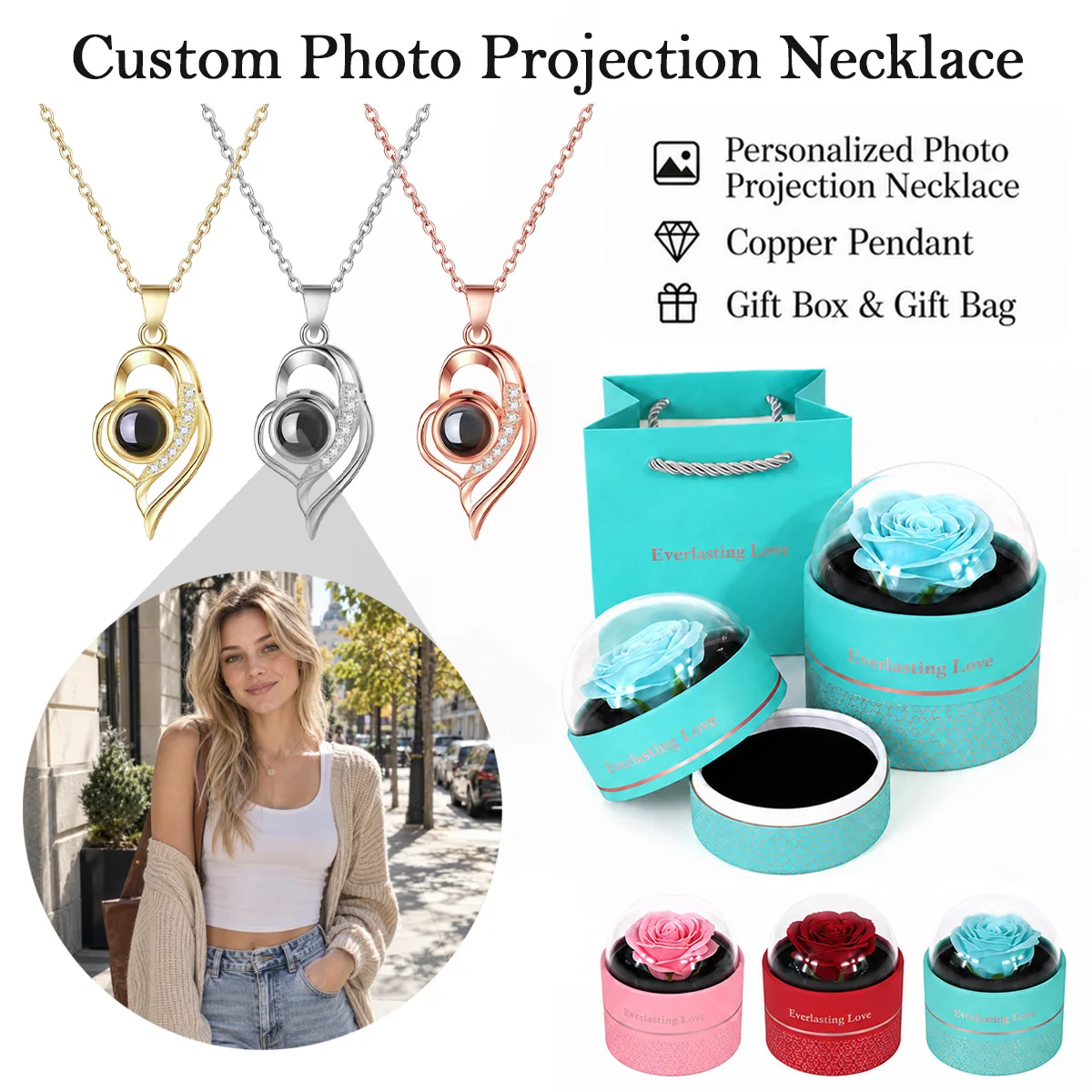 Custom Photo Projection Geometry Necklace Rose Gift Box Set Stainless Steel Chain Mother's Day Valentine's Anniversary For Women