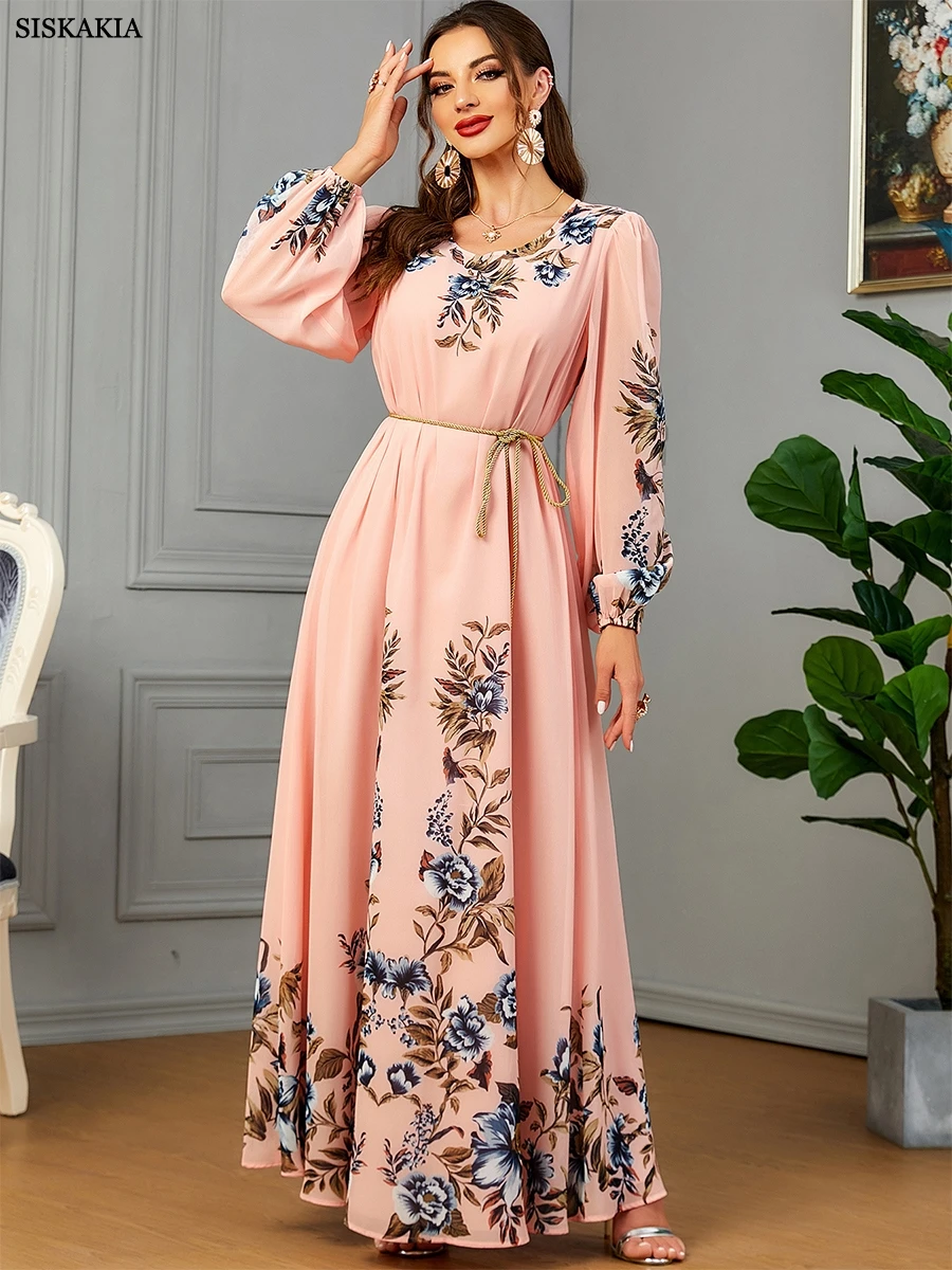 Siskakia Dresses With Long Sleeves Floral Print Luxury Muslim Abayas For Women Dubai Moroccan Fashion Elegant Evening Dress