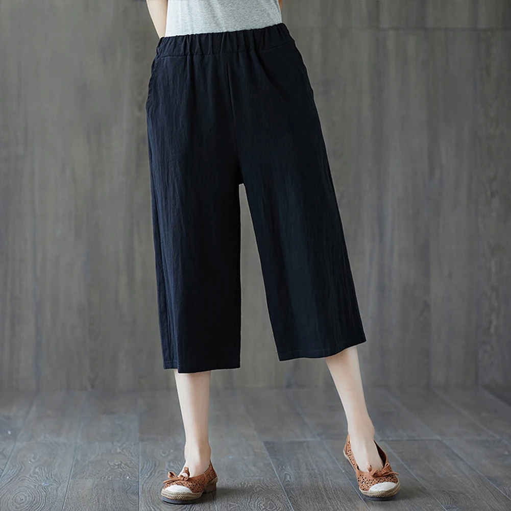 Solid Color Women\'s Cotton Linen High Waist Capri Pants Wide Leg Pockets Casual Cropped Trousers Ladies Straight Pants