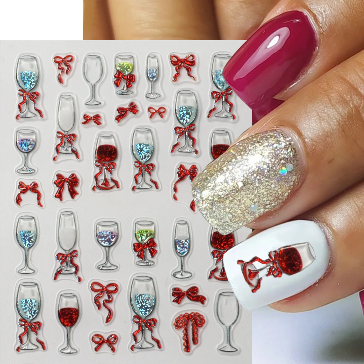1/2 pz 5D Fiocco Rosso Tazza di Vino Design Unghie artistiche Adesivi Sparkly Glitter Calice Bowknot Adesivo Decorazione Del Chiodo Decalcomania Nail ArtSupply