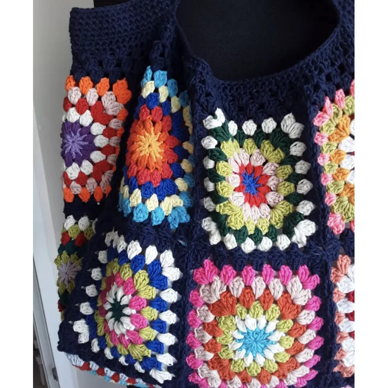 Navy/White Granny Square Crochet Woven Shoulder Bag Colorful Flower Checked Cute Purse Boho Hippie Handbag For Women